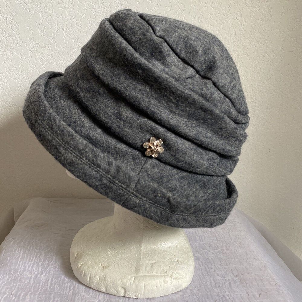 Siggi Cloche Hat Grey Wool Floppy Slouchy Bucket Hat Decorative Flower Pin 57 cm